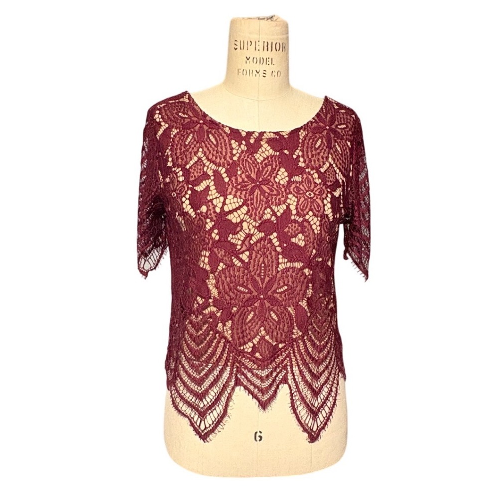 Express Burgundy Lace Top Womens Small Scalloped Hem Sheer Overlay‎ Short Sleeve